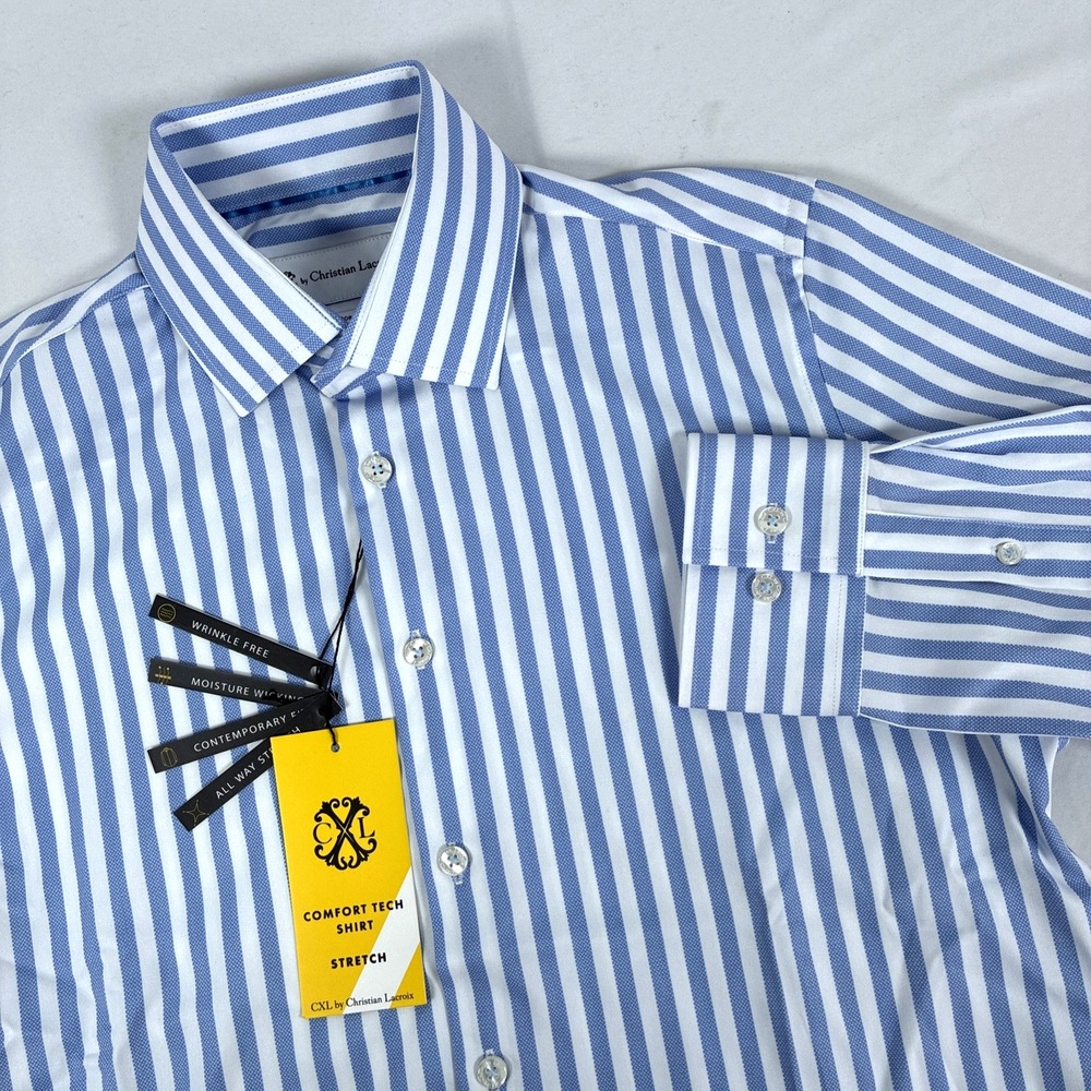 New Mens Christian Lacroix Comfort Tech Button Up Shirt Size Small Striped Blue